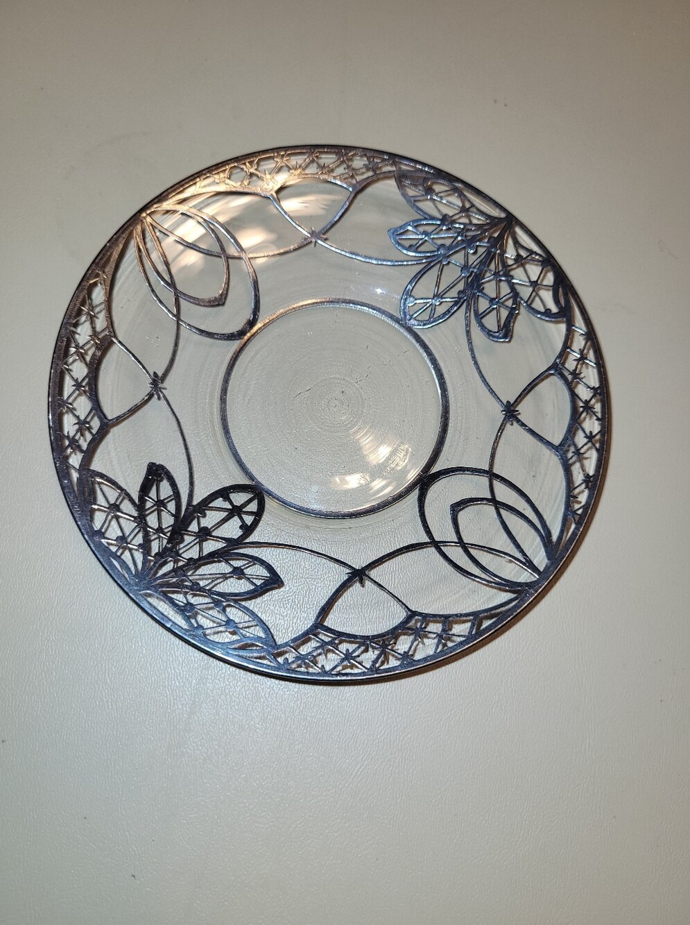 Silver Overlay Glass Small Plate with Floral Border.